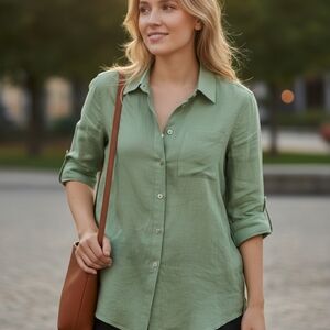 Lauren Ralph Lauren Sage Green Linen Classic Timeless Lagenlook Button Up M